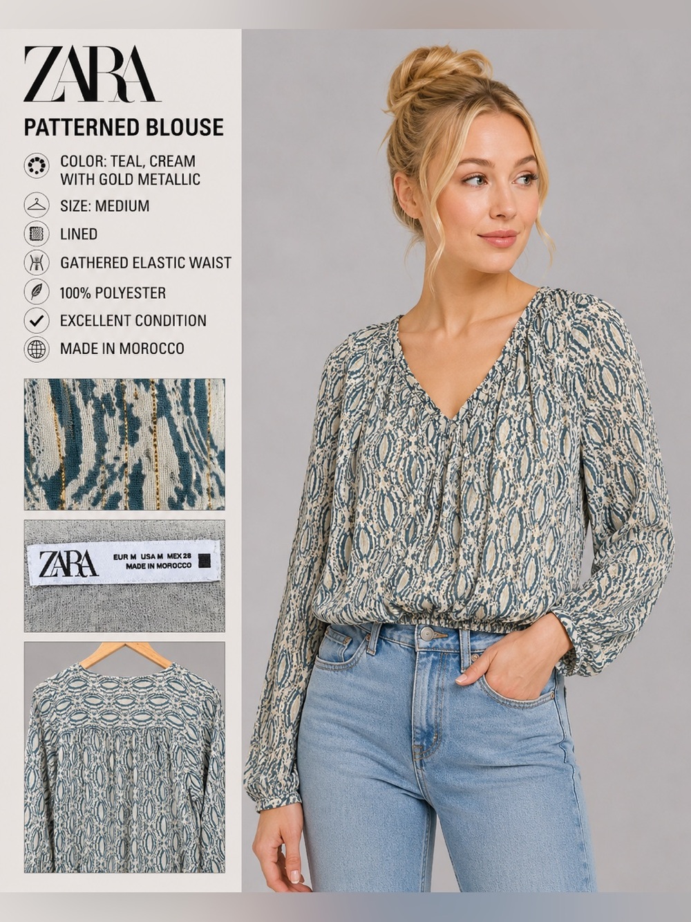 Zara Teal Cream Gold Metallic Print Blouse Long Sleeve Size Medium